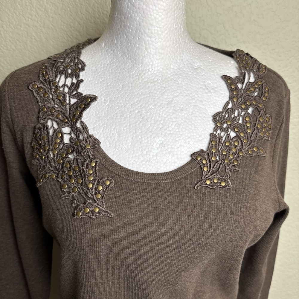 DG2 Diane Gilman Women's Top Brown Ribbed Size S Embellished Long Sleeve * - Picture 2 of 8